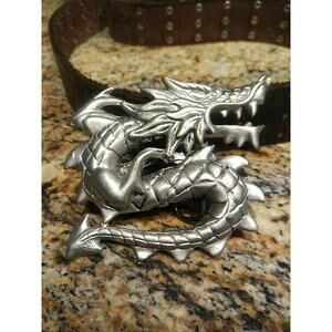 VTG Large 3D Pewter Sculpted Dragon Belt Buckle, Mystical Dragon Fierce Cobra